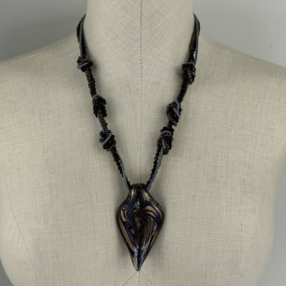Handcrafted Glass Pendant Necklace Beaded Braided Cord Design Adjustable 21" - Picture 1 of 10